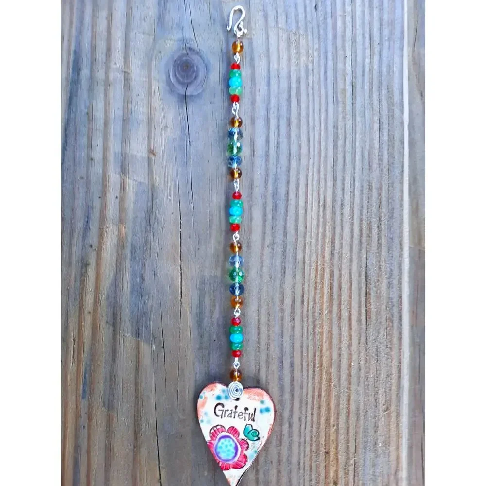 Artisan Beaded Suncatcher Ceramic Heart GRATEFUL Colorful Crystals Floral Mobile